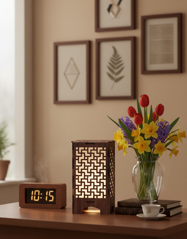 Real Wood Art Fret Block Series Table Lamp 11cmx11cmx20cm