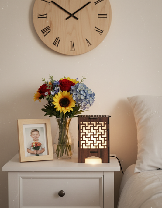 Real Wood Art Fret Block Series Table Lamp 11cmx11cmx15cm