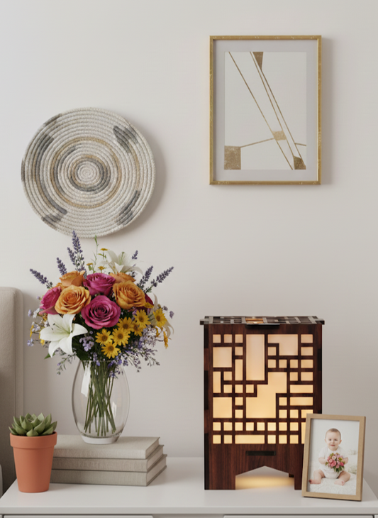 Real Wood Art Trellis Block Series Table Lamp 11cmx11cmx15cm