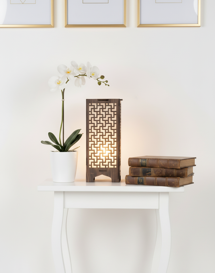 Real Wood Art Fret Block Series Table Lamp 11cmx11cmx26cm