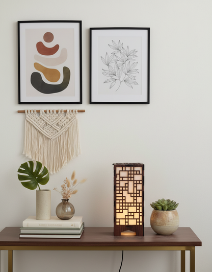 Real Wood Art Trellis Block Series Table Lamp 11cmx11cmx26cm