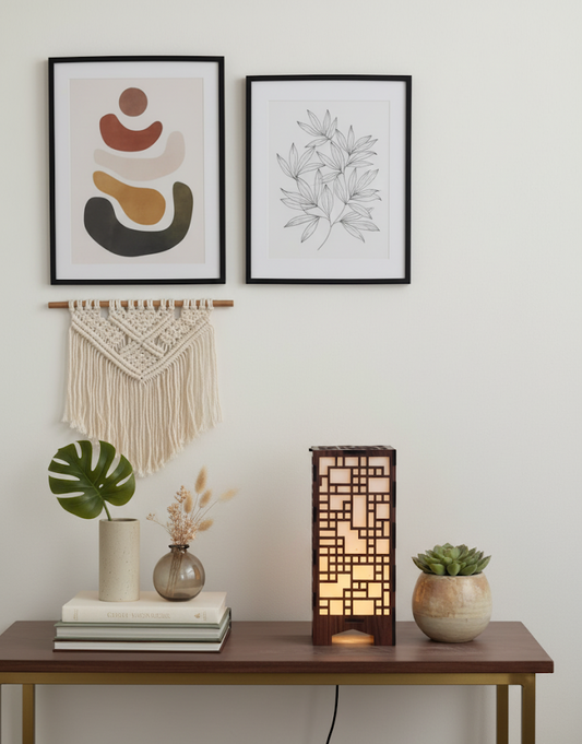 Real Wood Art Trellis Block Series Table Lamp 11cmx11cmx26cm