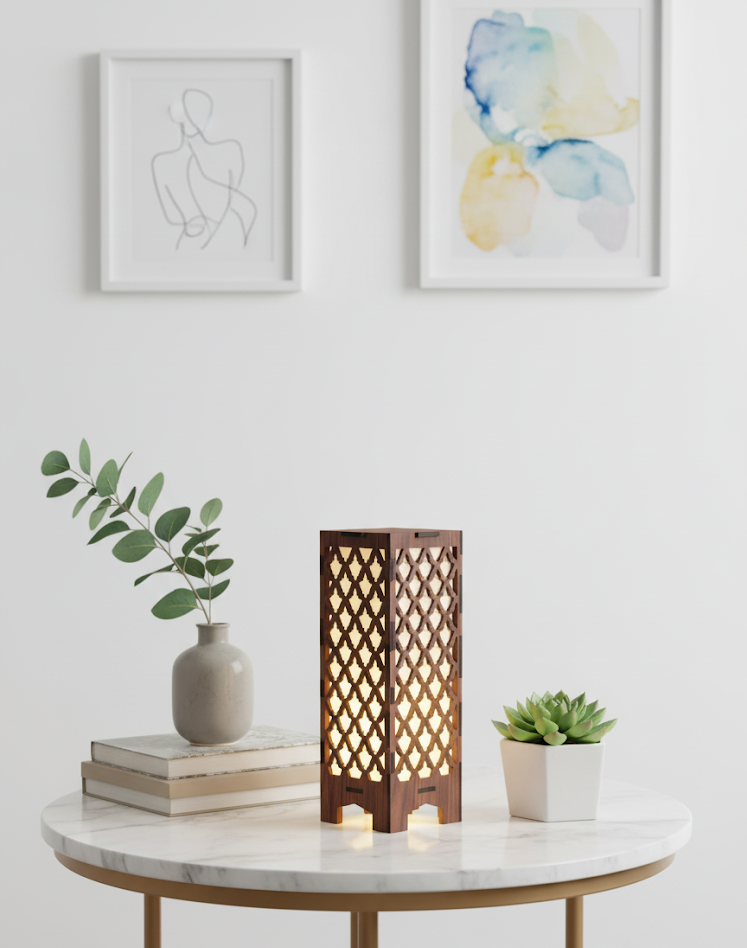 Real Wood Art Zen Grid Series Table Lamp 11cmx11cmx26cm