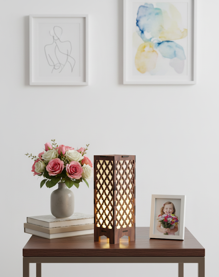 Real Wood Art Zen Grid Series Table Lamp 11cmx11cmx26cm