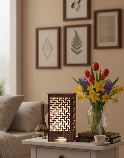 Real Wood Art Fret Block Series Table Lamp 11cmx11cmx20cm