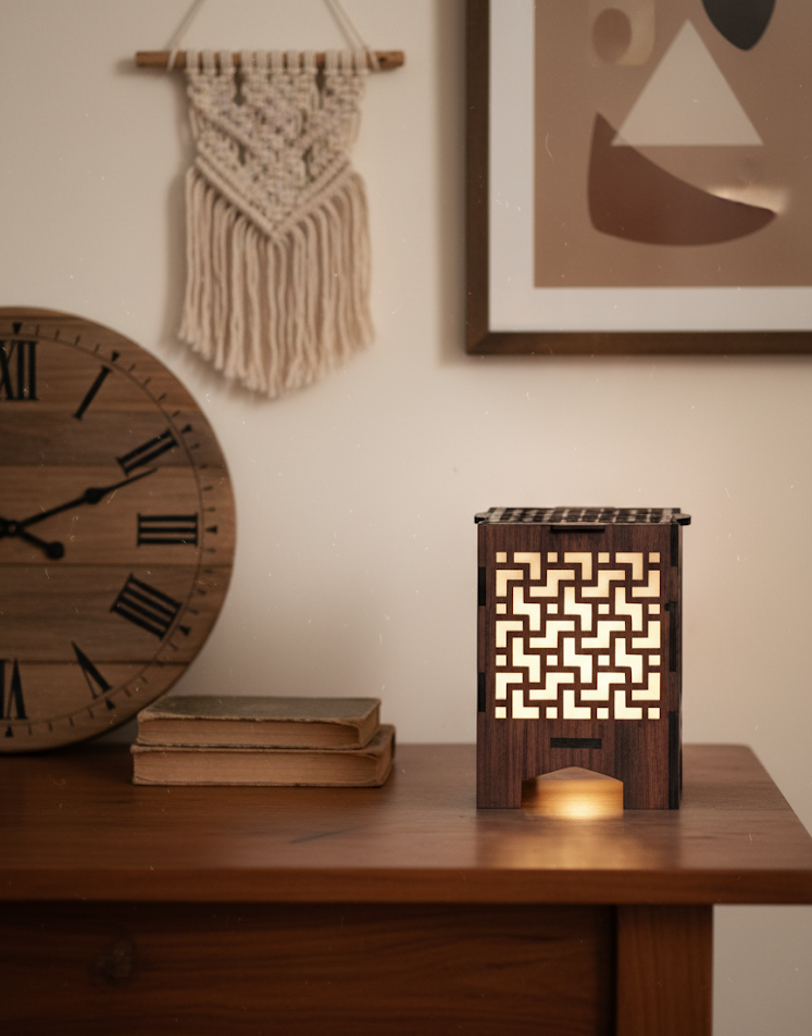 Real Wood Art Fret Block Series Table Lamp 11cmx11cmx15cm