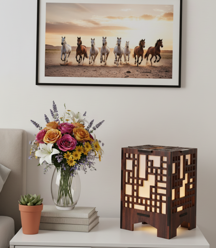 Real Wood Art Trellis Block Series Table Lamp 11cmx11cmx15cm